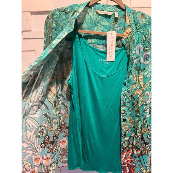 SOFT SURROUNDINGS NWT Green Luau Garden Button Front Shirt w/ Cami Dusted Blue M - Picture 5 of 10